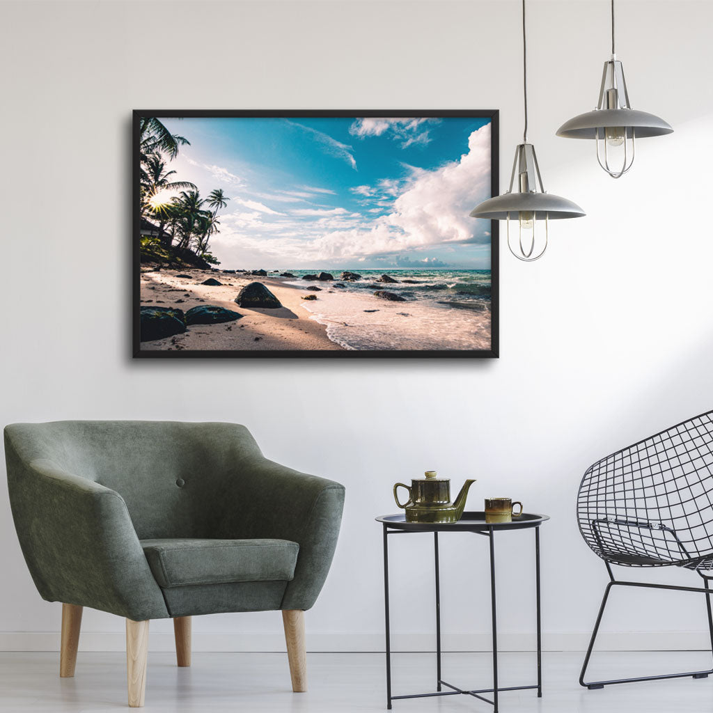 Tableau Déco Toile 160x85 Cm - Paysage D'île Tropicale (type Maldives) - Impression Bleue