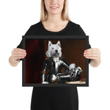 Tableau chien costume chevalier dans un décor de chateau