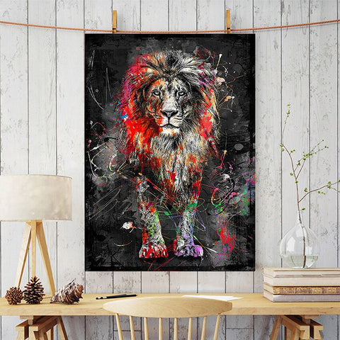 Tableau Graffiti Lion Coloré fond noir