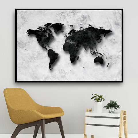 effet sur tableau carte du monde peinture noire et blanc